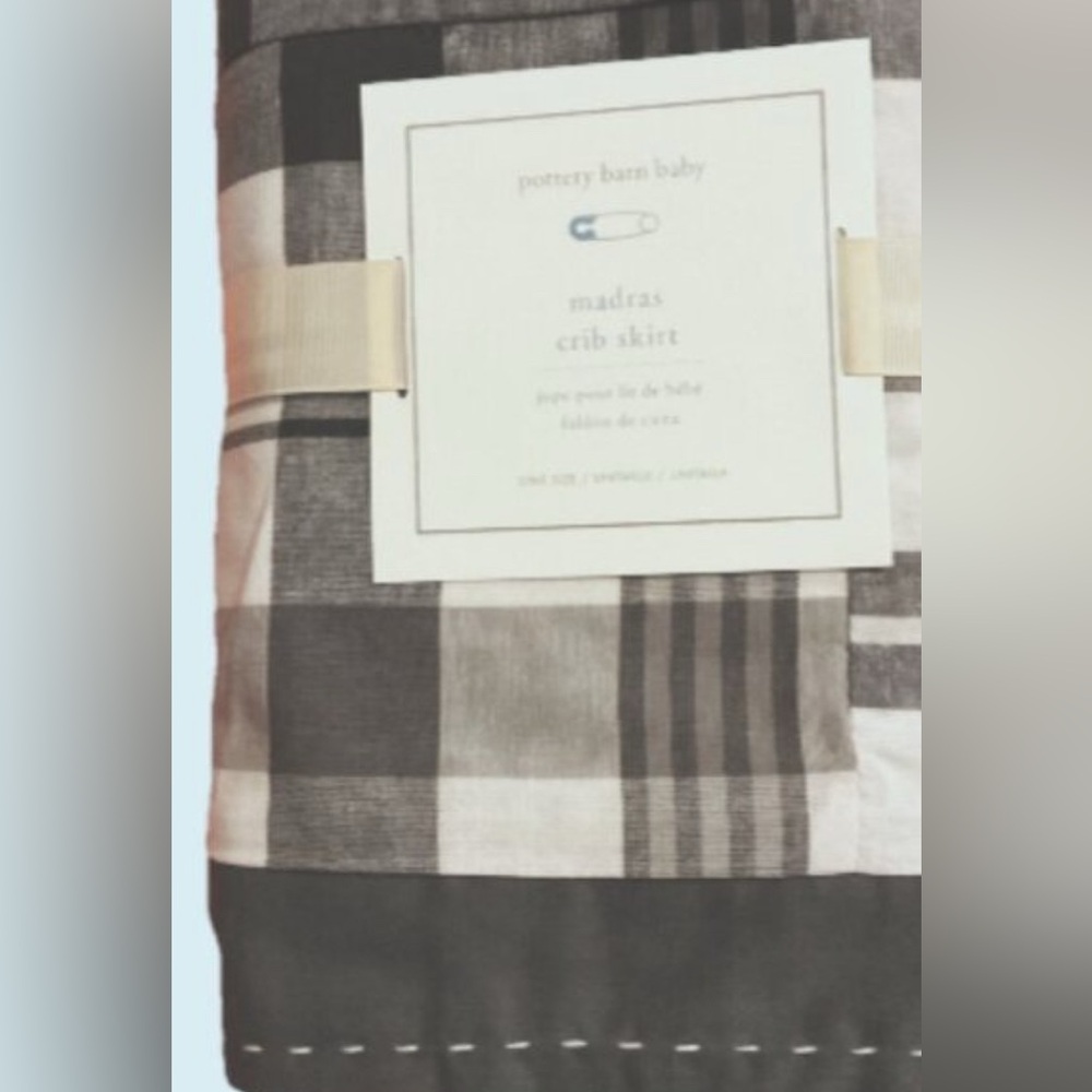 Pottery Barn Baby Madras Crib Skirt Plaid Patchwork Gray Grey & White